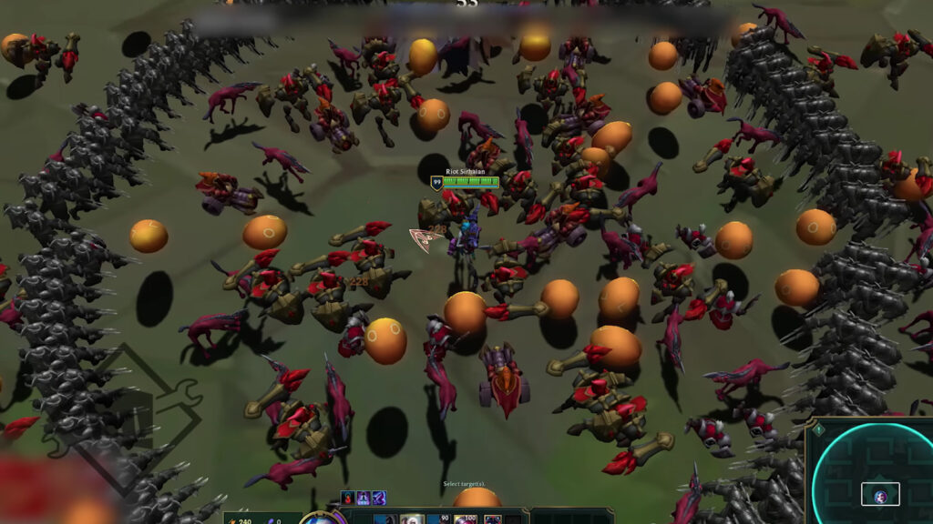 League of Legends bullet heaven game mode featuring Jinx surrounded by hordes of enemies